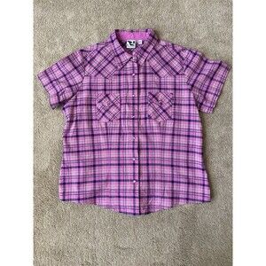 Rockies Vintage Short Sleeve Pink Plaid Country Western Pearl Snap Shirt Size XL